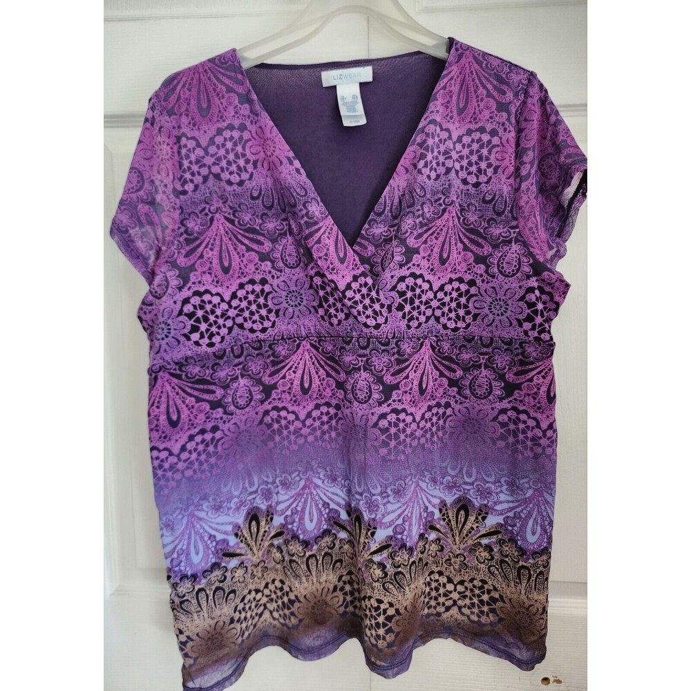 Pretty LIZ WEAR Women's PLUM Floral Crossover V-Neck Lined Sz XXL Top Blouse